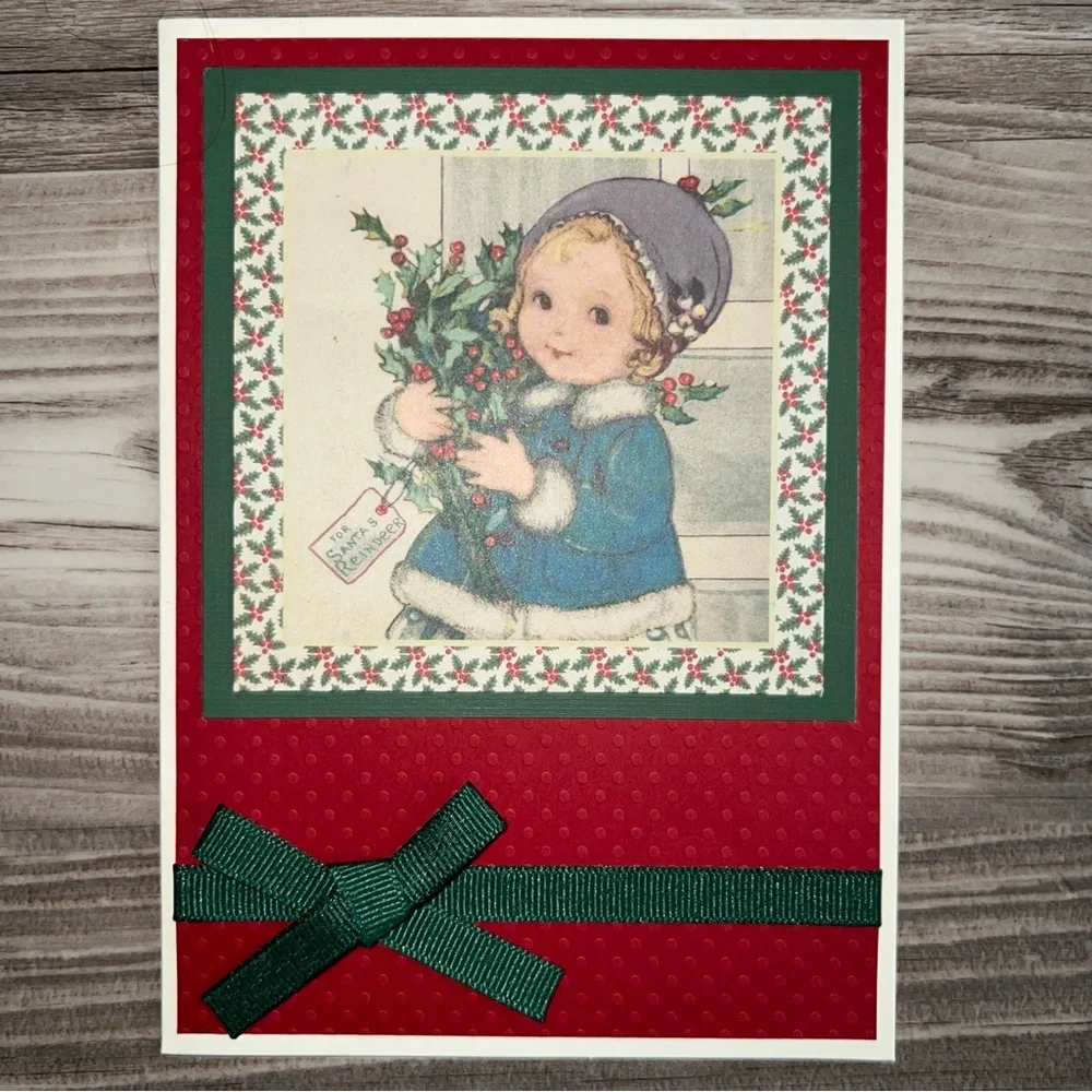 Vintage Style Christmas Greeting Cards with Red and Green Bows With Envelopes